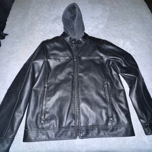 Men’s Black Rivet Black Leather Jacket with Gray Hood